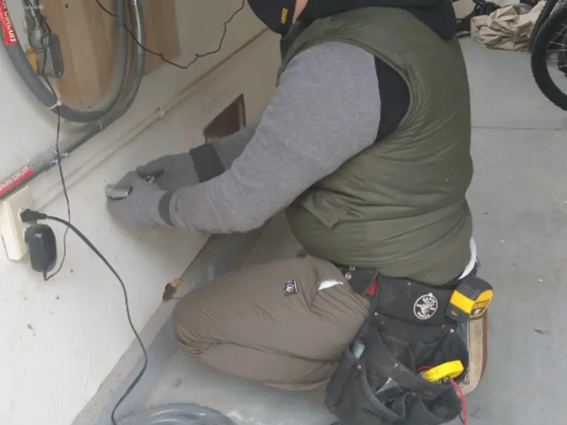 Electrician performing outlet wiring in a East Liverpool garage